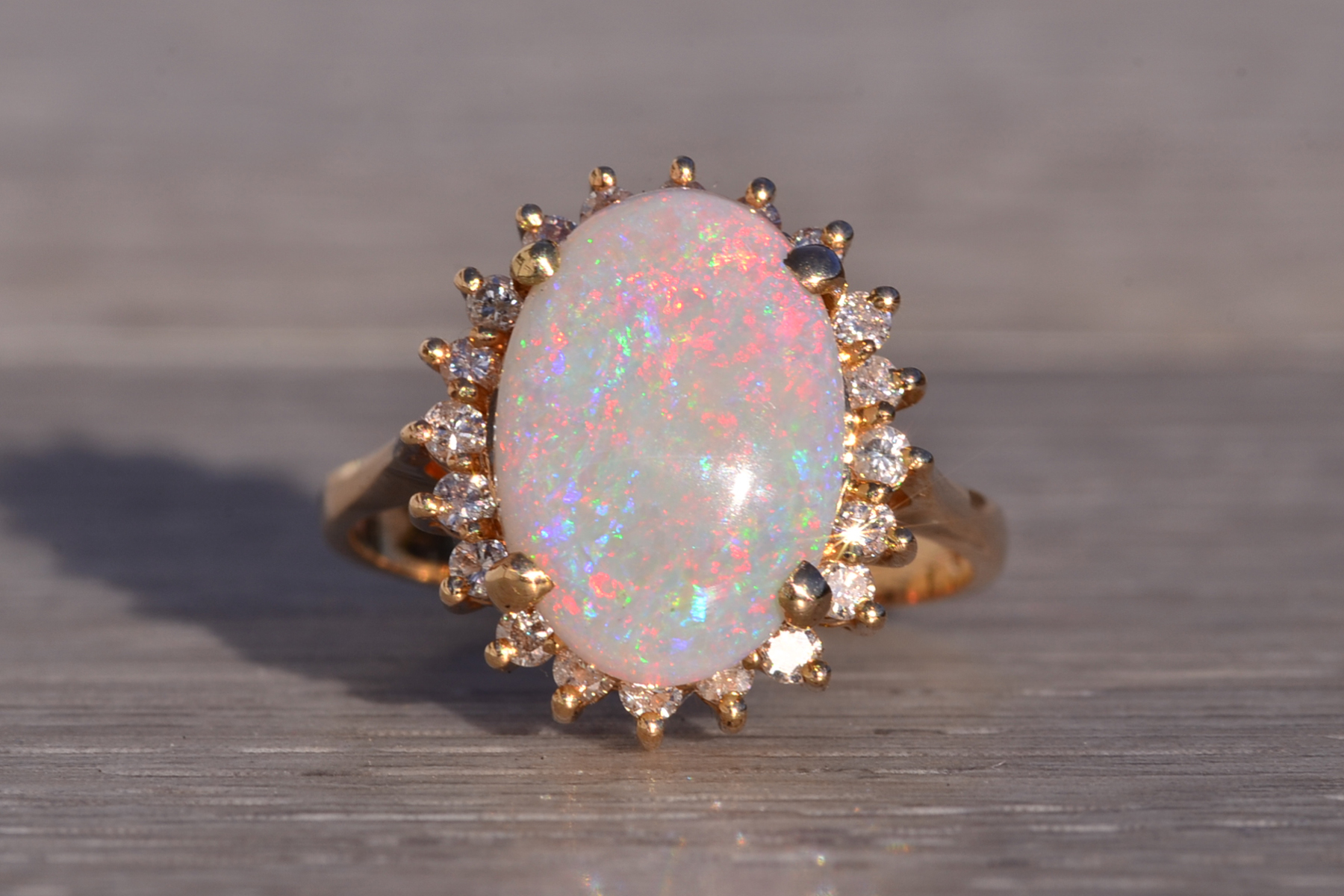 SOLD - The 181st Avenue: Vintage Australian Opal and Natural Diamond Halo Ring in Yellow Gold - Image 2