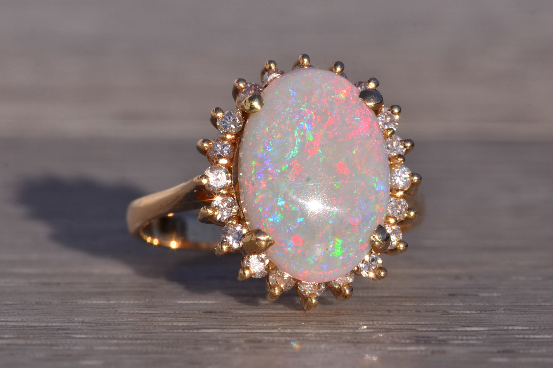 SOLD - The 181st Avenue: Vintage Australian Opal and Natural Diamond Halo Ring in Yellow Gold - Image 6