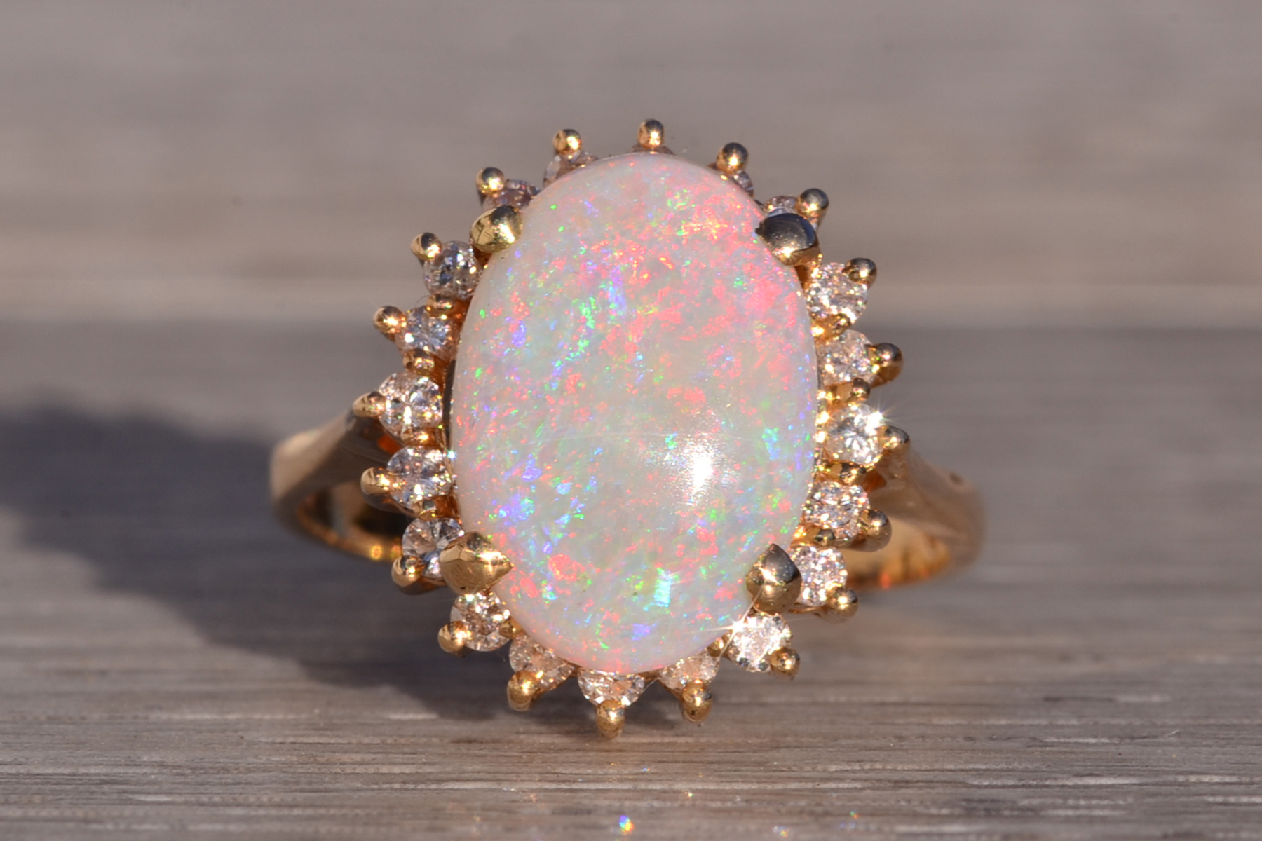 SOLD - The 181st Avenue: Vintage Australian Opal and Natural Diamond Halo Ring in Yellow Gold - Image 7