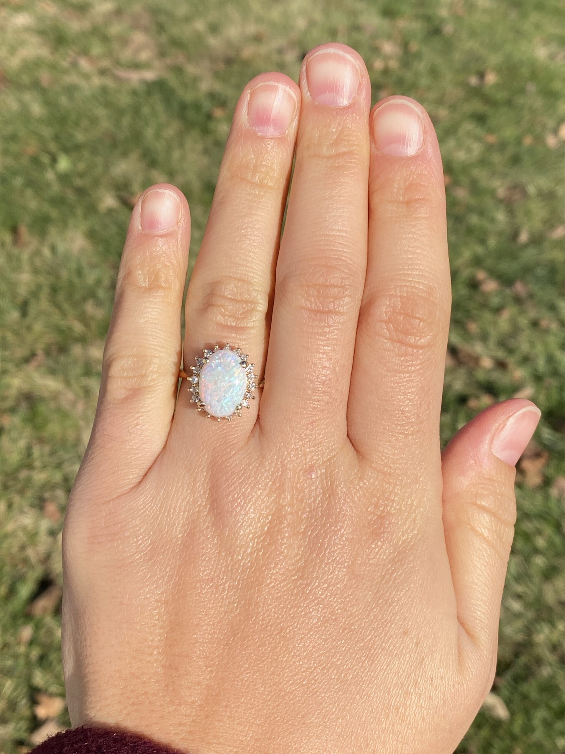 SOLD - The 181st Avenue: Vintage Australian Opal and Natural Diamond Halo Ring in Yellow Gold - Image 8