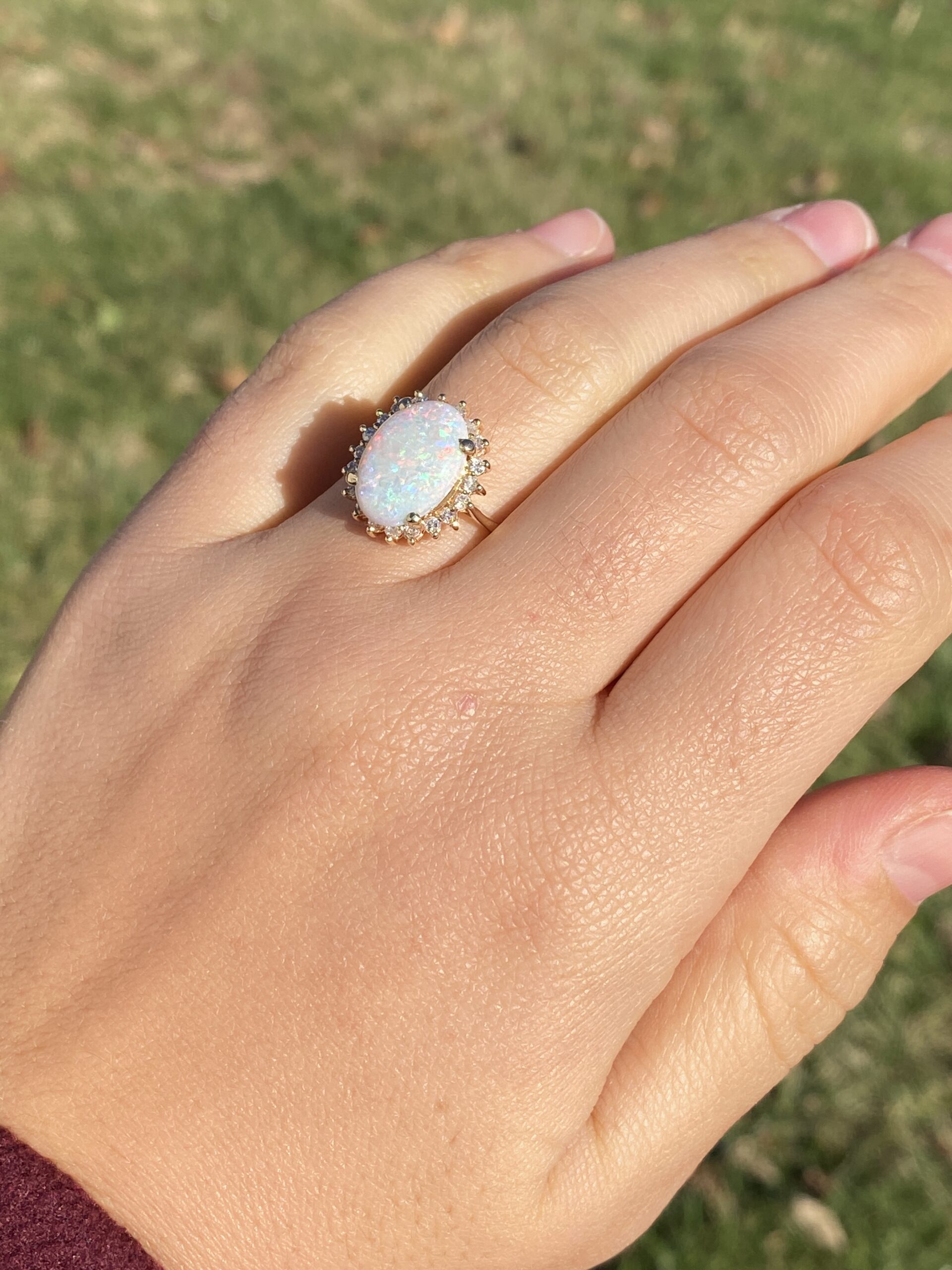 SOLD - The 181st Avenue: Vintage Australian Opal and Natural Diamond Halo Ring in Yellow Gold - Image 9