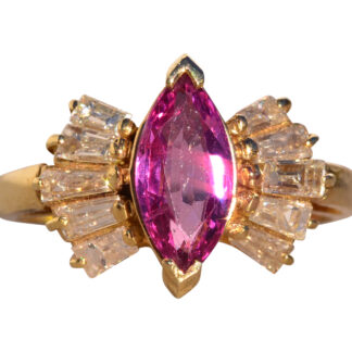 SOLD - The 182nd Avenue: Vintage Marquise Pink Sapphire and Tapered Baguette Cut Natural Diamond Ring in Yellow Gold