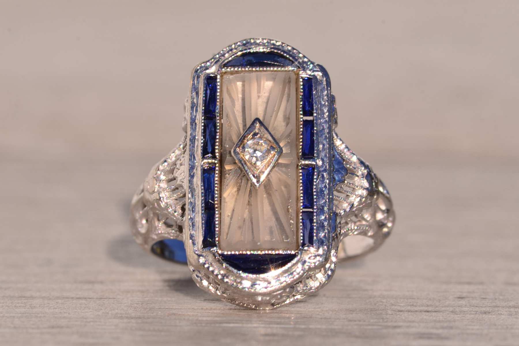 The 186th Avenue: Camphor Glass and Baguette Cut Sapphire Filigree Ring in White Gold - Image 2