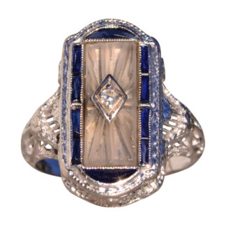 The 186th Avenue: Camphor Glass and Baguette Cut Sapphire Filigree Ring in White Gold