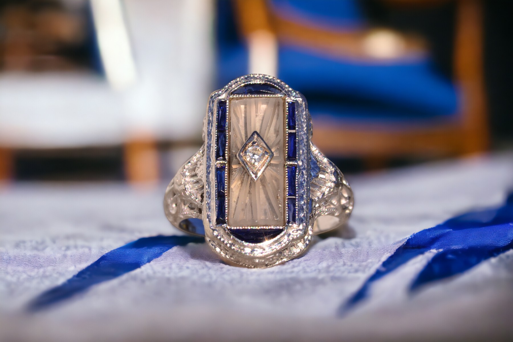 The 186th Avenue: Camphor Glass and Baguette Cut Sapphire Filigree Ring in White Gold - Image 11