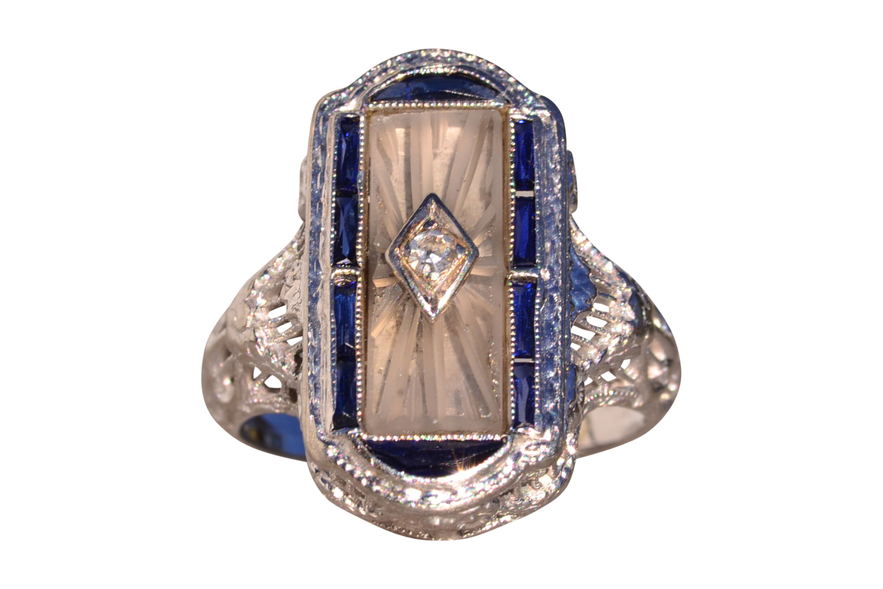 The 186th Avenue: Camphor Glass and Baguette Cut Sapphire Filigree Ring in White Gold