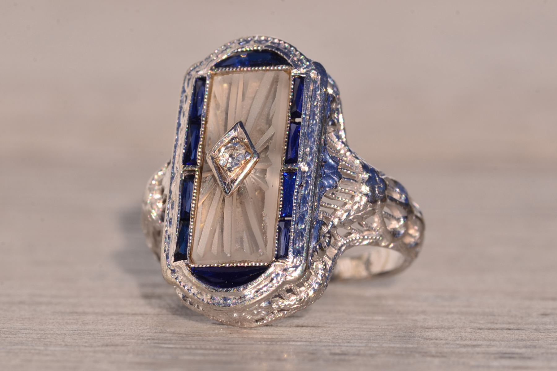 The 186th Avenue: Camphor Glass and Baguette Cut Sapphire Filigree Ring in White Gold - Image 3