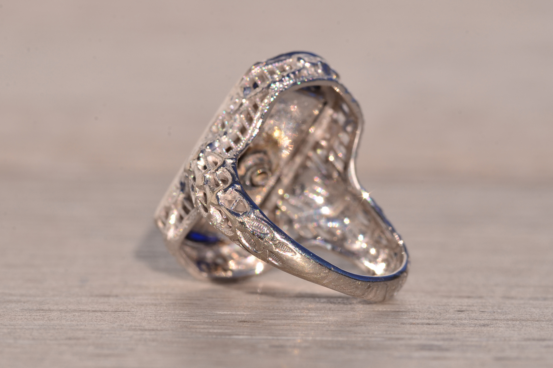 The 186th Avenue: Camphor Glass and Baguette Cut Sapphire Filigree Ring in White Gold - Image 4