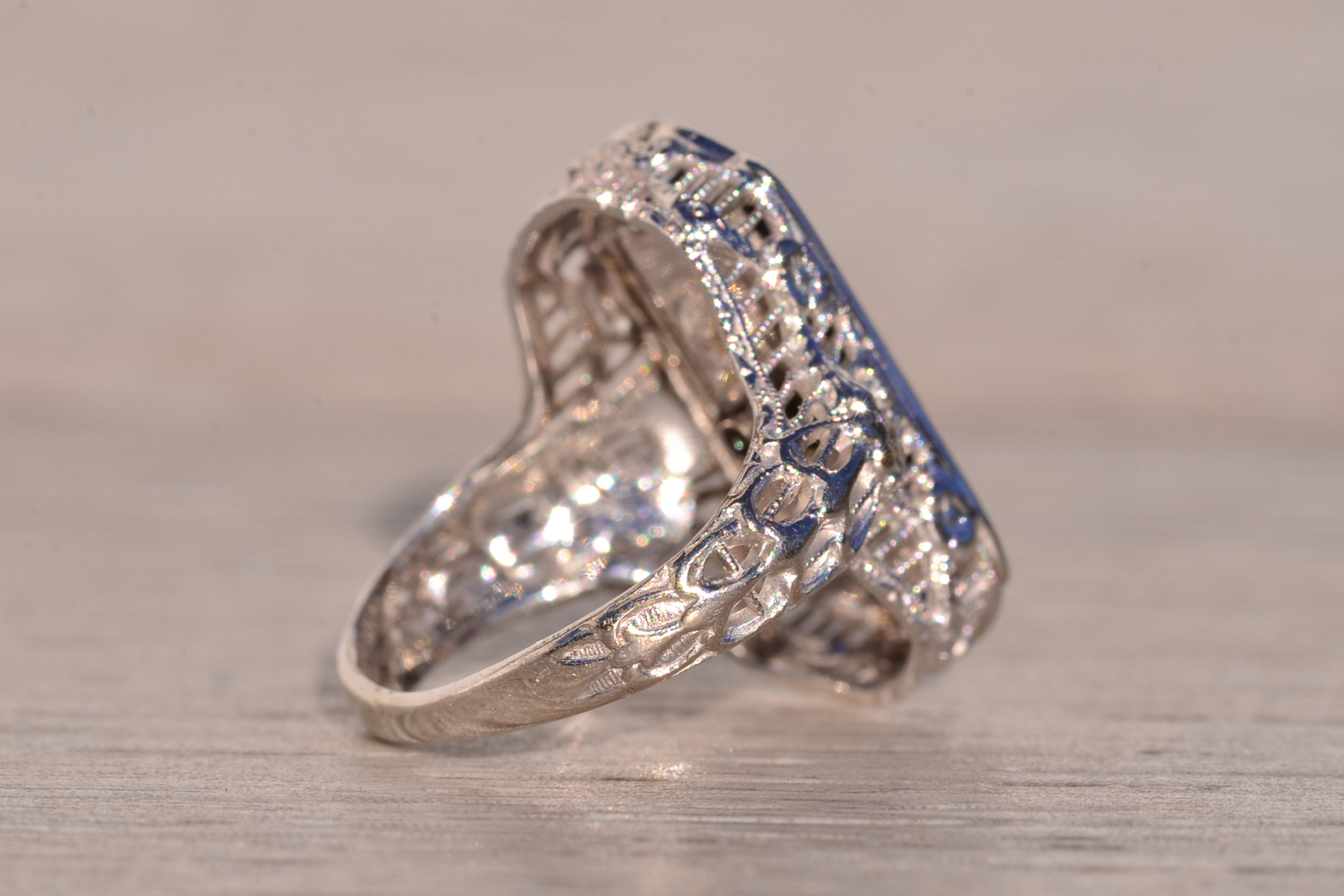 The 186th Avenue: Camphor Glass and Baguette Cut Sapphire Filigree Ring in White Gold - Image 5