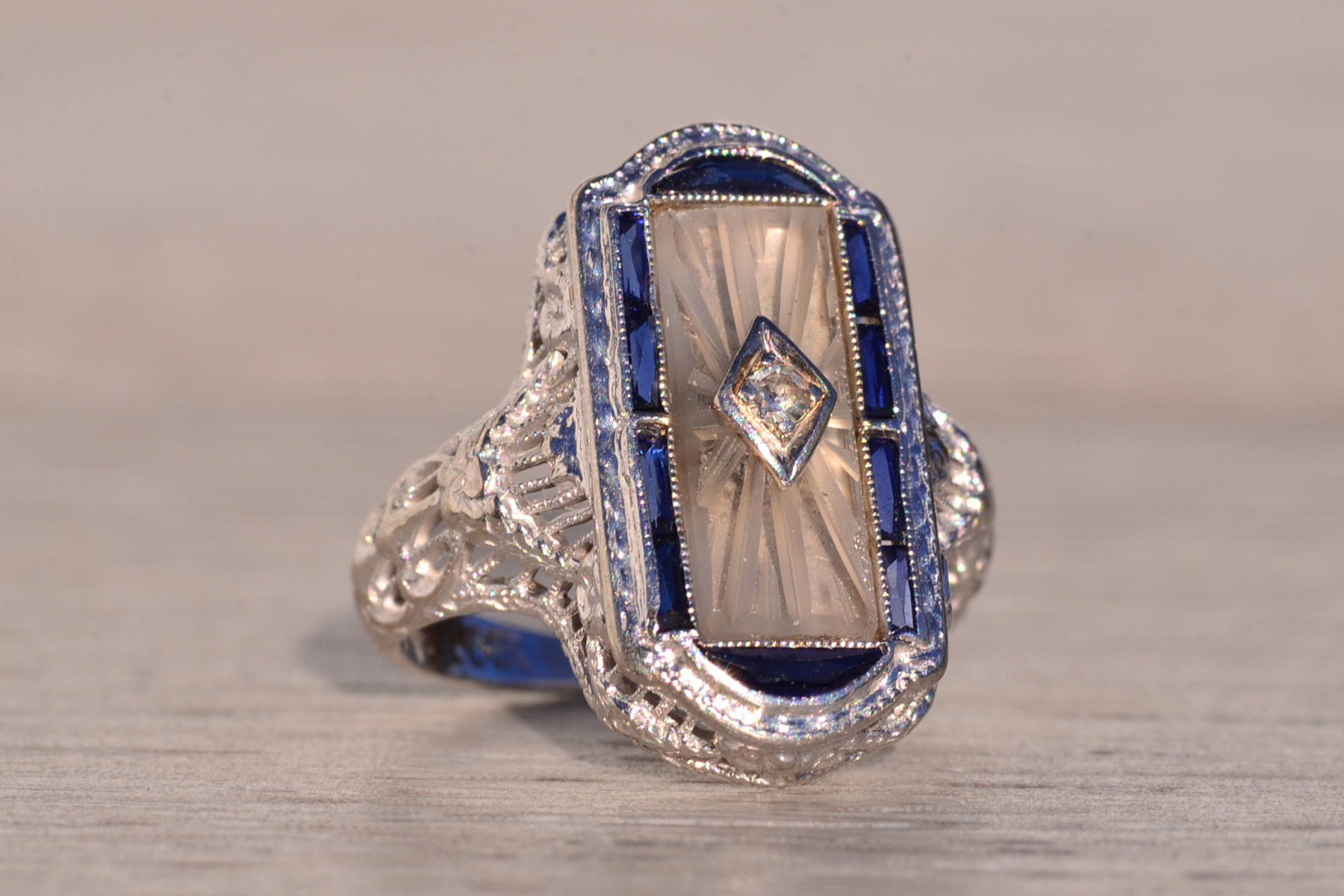 The 186th Avenue: Camphor Glass and Baguette Cut Sapphire Filigree Ring in White Gold - Image 6
