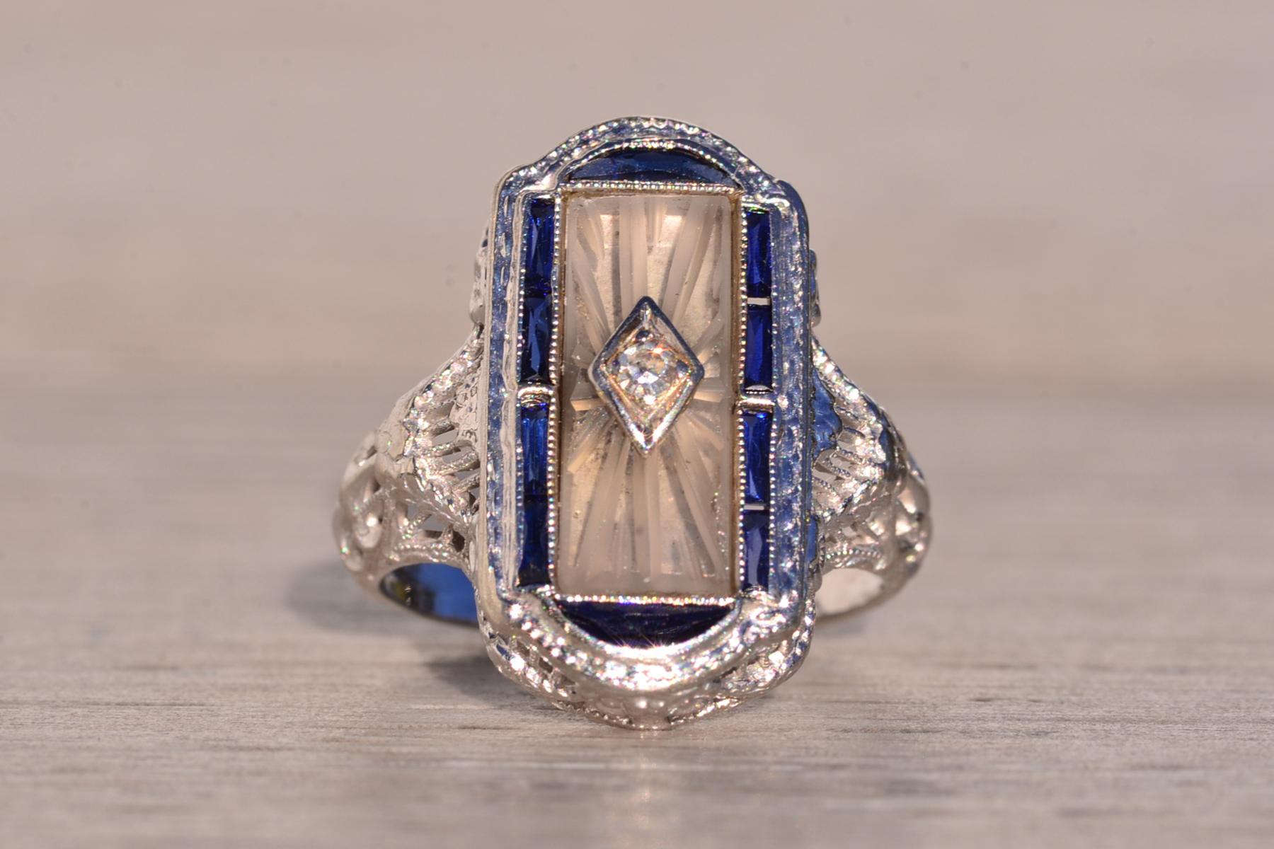 The 186th Avenue: Camphor Glass and Baguette Cut Sapphire Filigree Ring in White Gold - Image 7