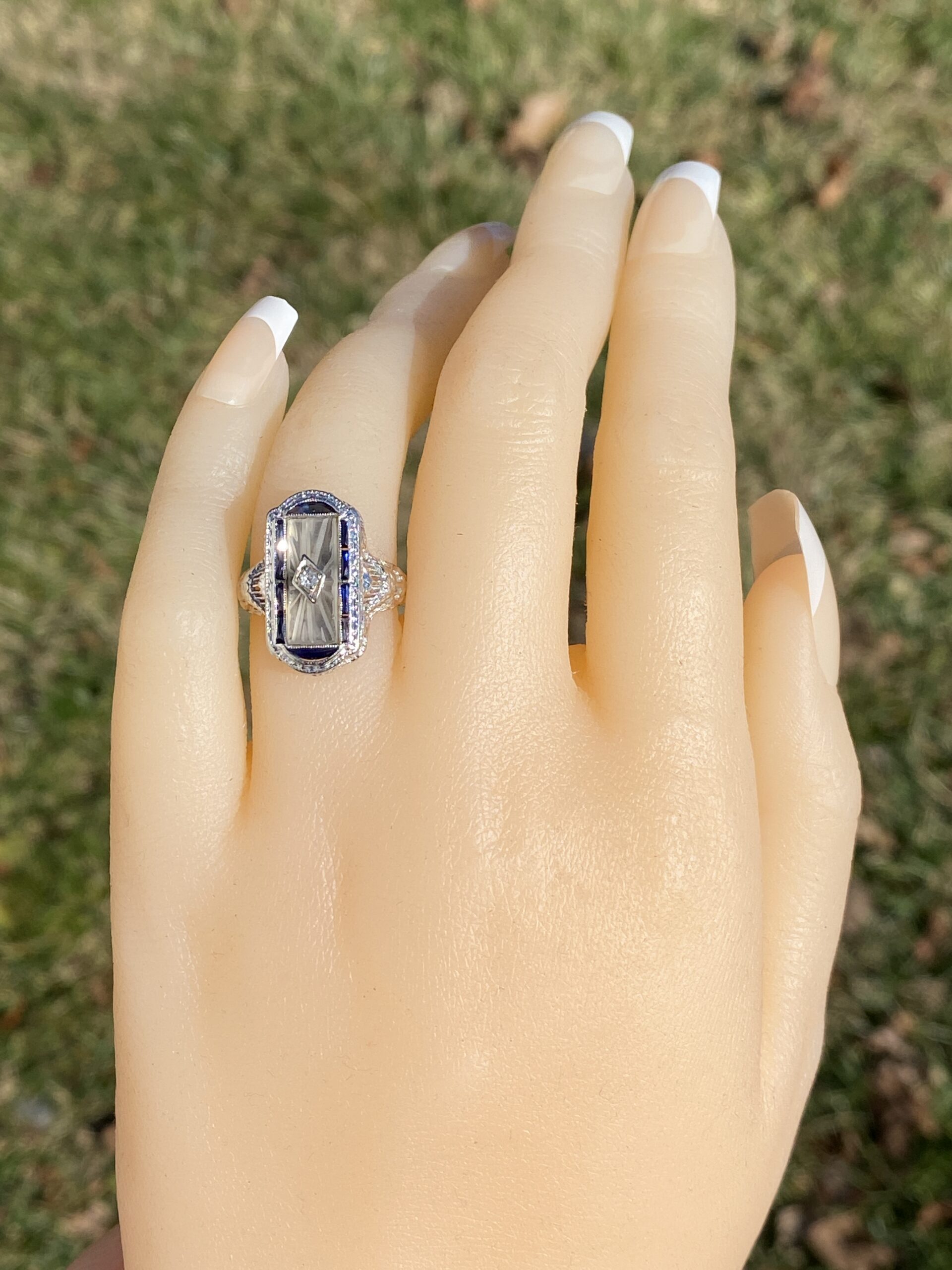 The 186th Avenue: Camphor Glass and Baguette Cut Sapphire Filigree Ring in White Gold - Image 8