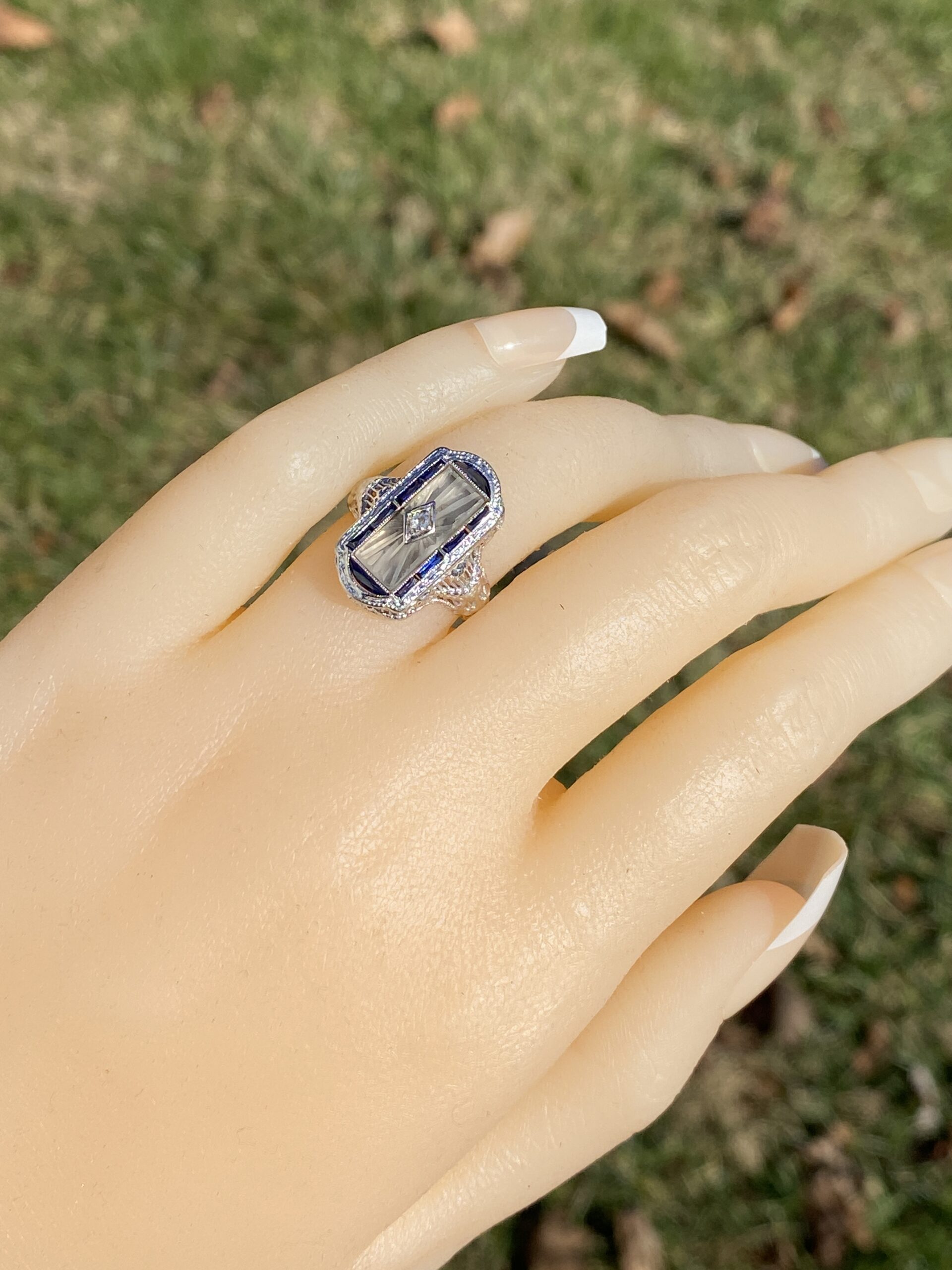 The 186th Avenue: Camphor Glass and Baguette Cut Sapphire Filigree Ring in White Gold - Image 9