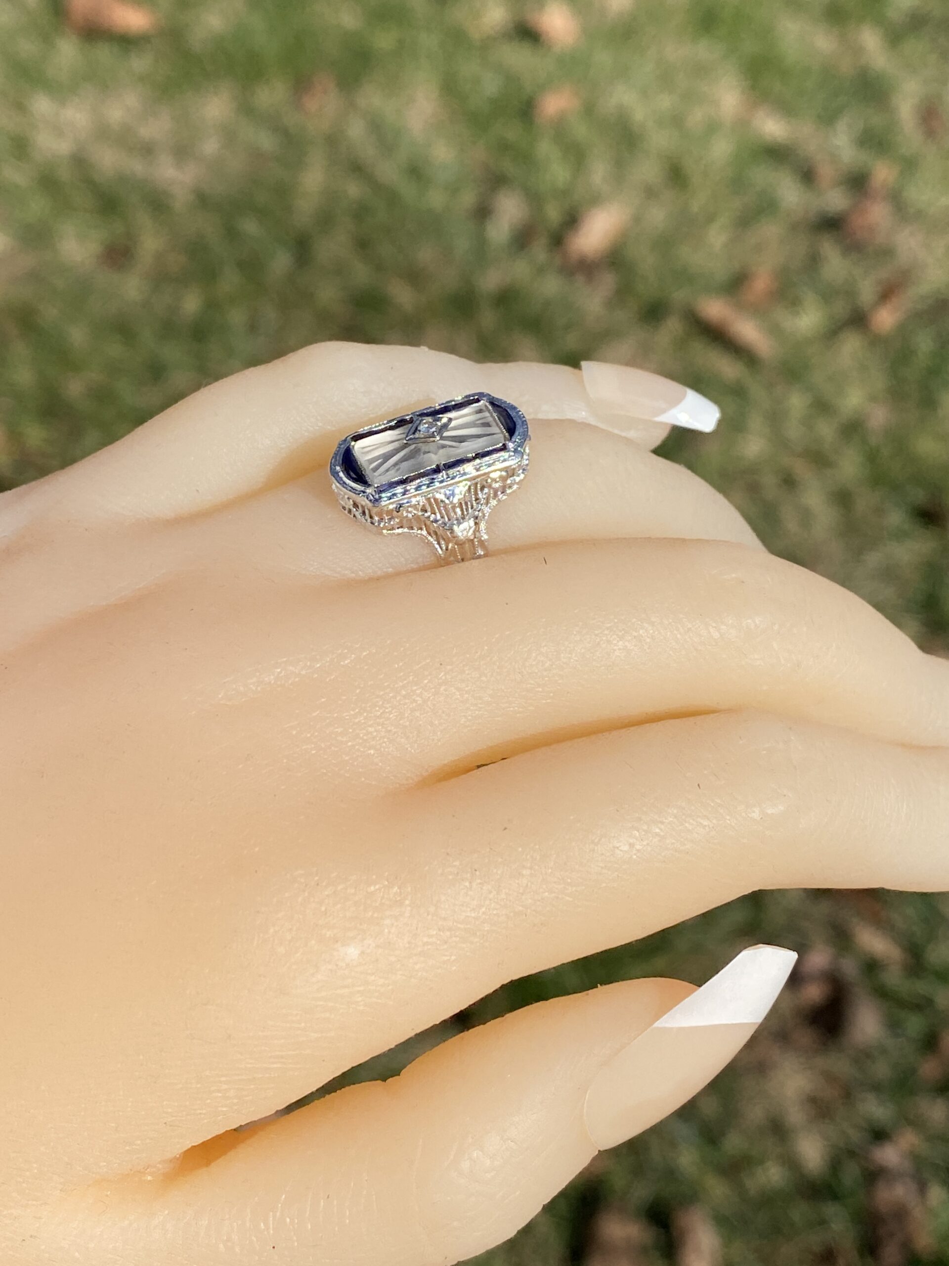 The 186th Avenue: Camphor Glass and Baguette Cut Sapphire Filigree Ring in White Gold - Image 10