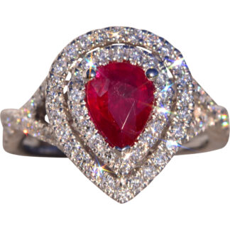 The 187th Street: Pear Shaped Natural Ruby and Double Halo Diamond Ring