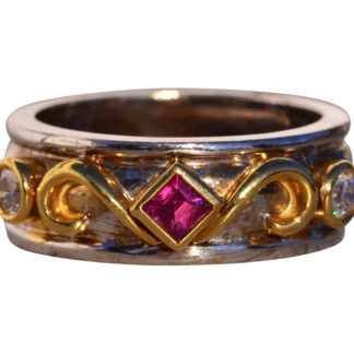 The 190th Avenue: Carre Cut Natural Ruby and Round Brilliant Cut Natural Diamond Two Tone Band