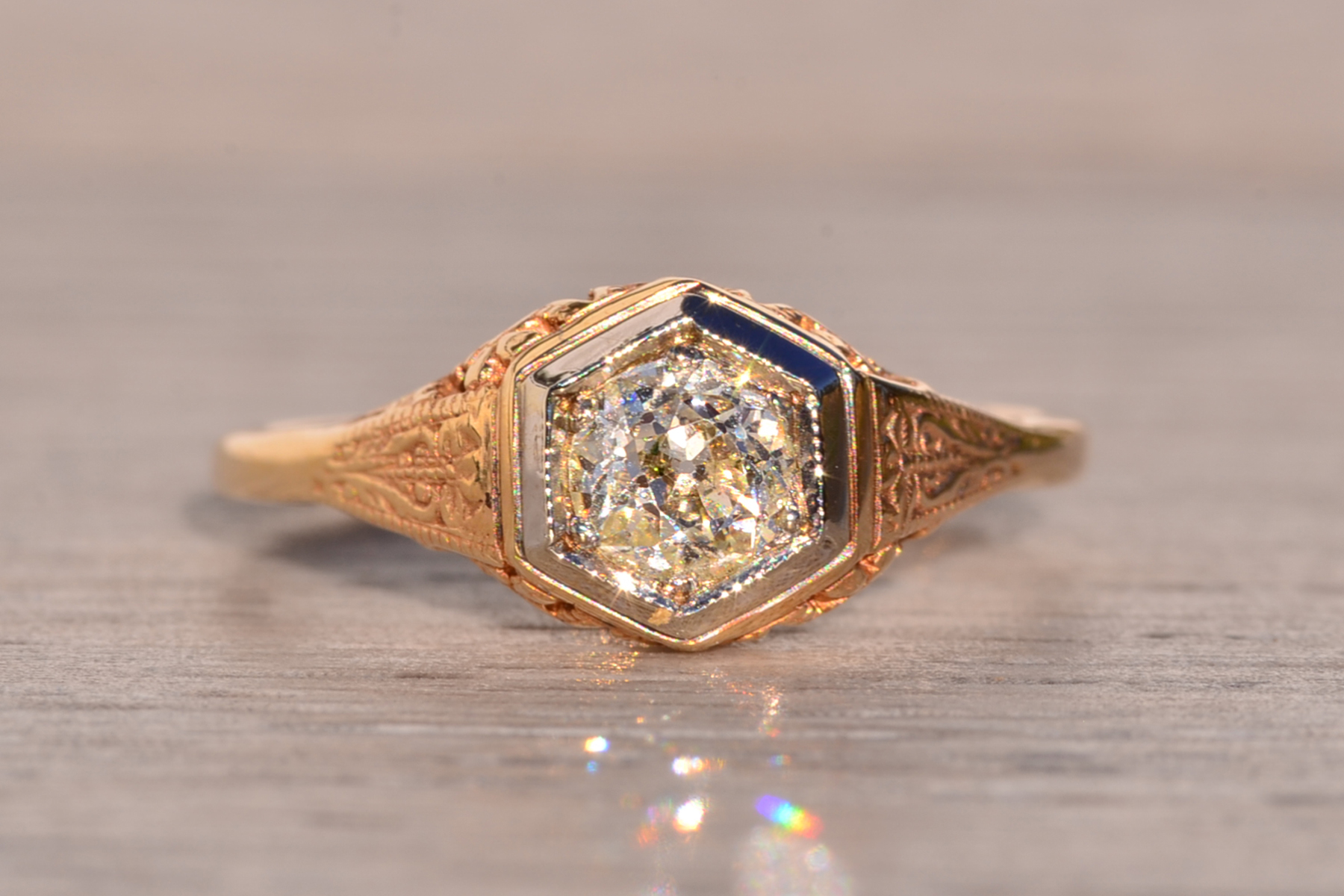 SOLD - The 192nd Avenue: Antique Filigree Ring in Yellow Gold with Natural Diamond - Image 2