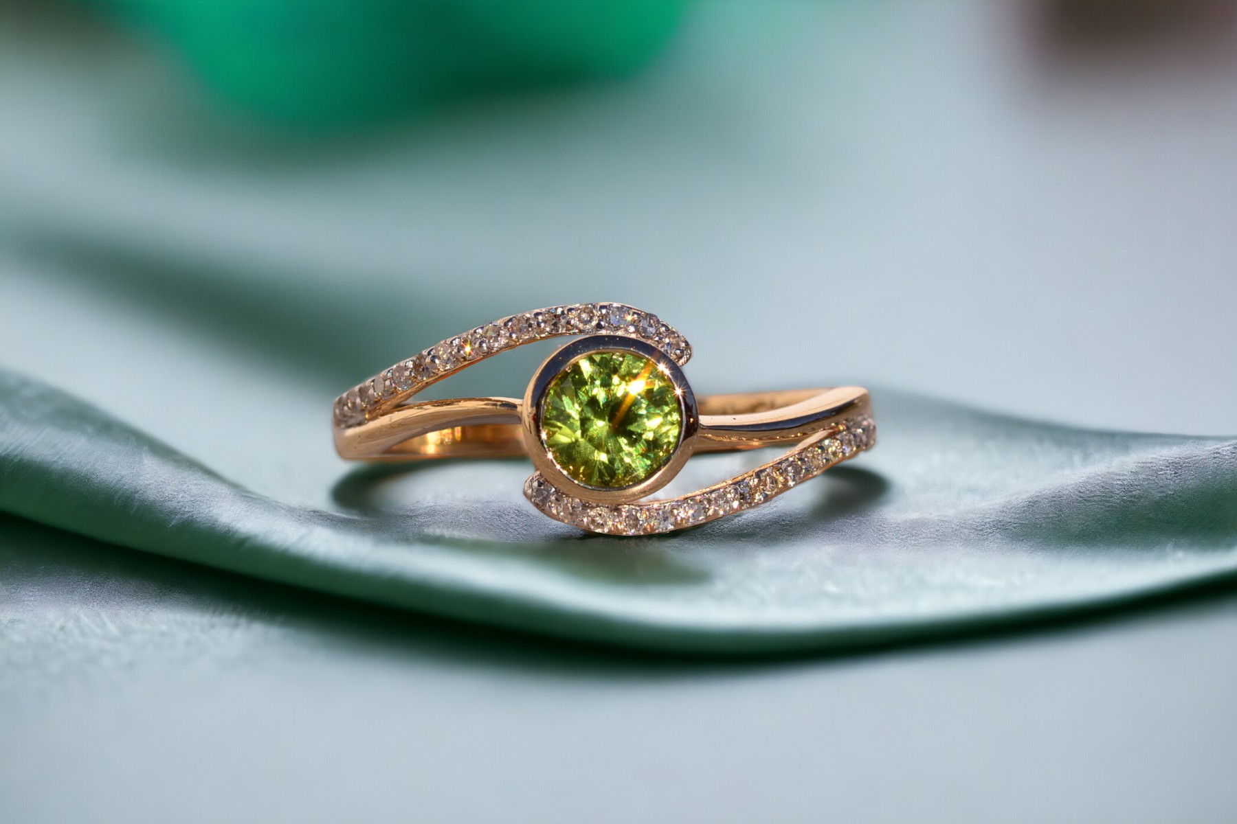 SOLD - The 195th Avenue: Modern Peridot and Diamond Bypass Ring in Yellow Gold - Image 11