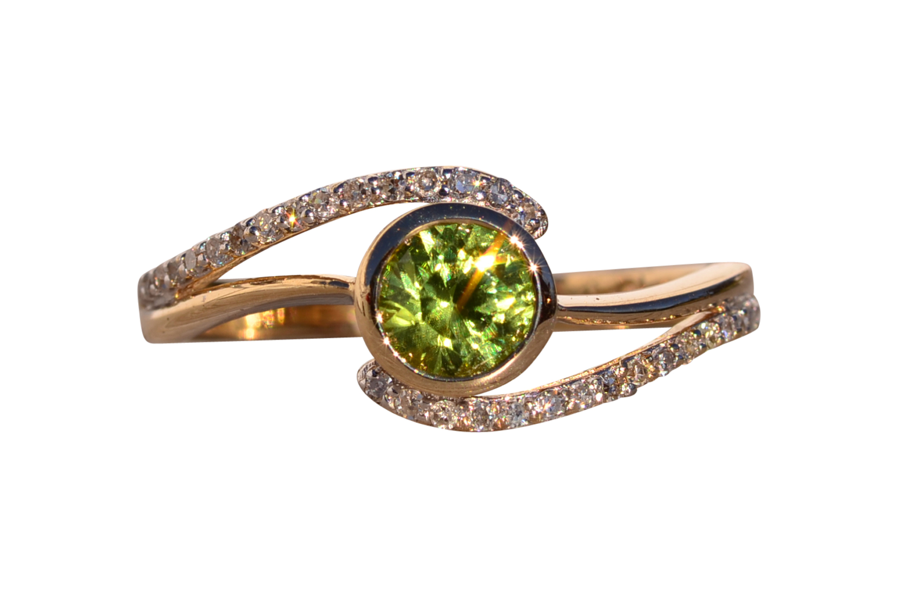 SOLD - The 195th Avenue: Modern Peridot and Diamond Bypass Ring in Yellow Gold