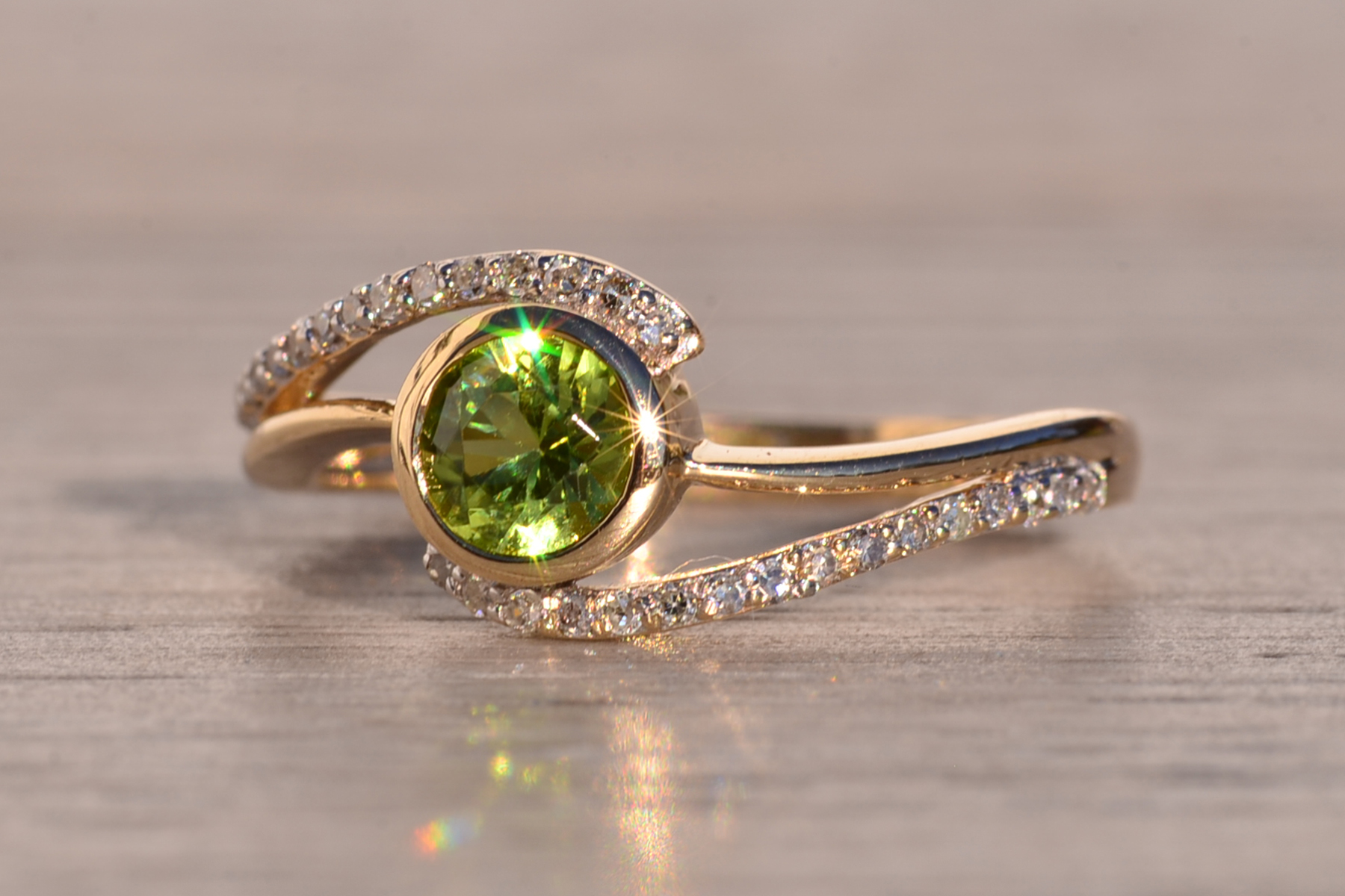 SOLD - The 195th Avenue: Modern Peridot and Diamond Bypass Ring in Yellow Gold - Image 3