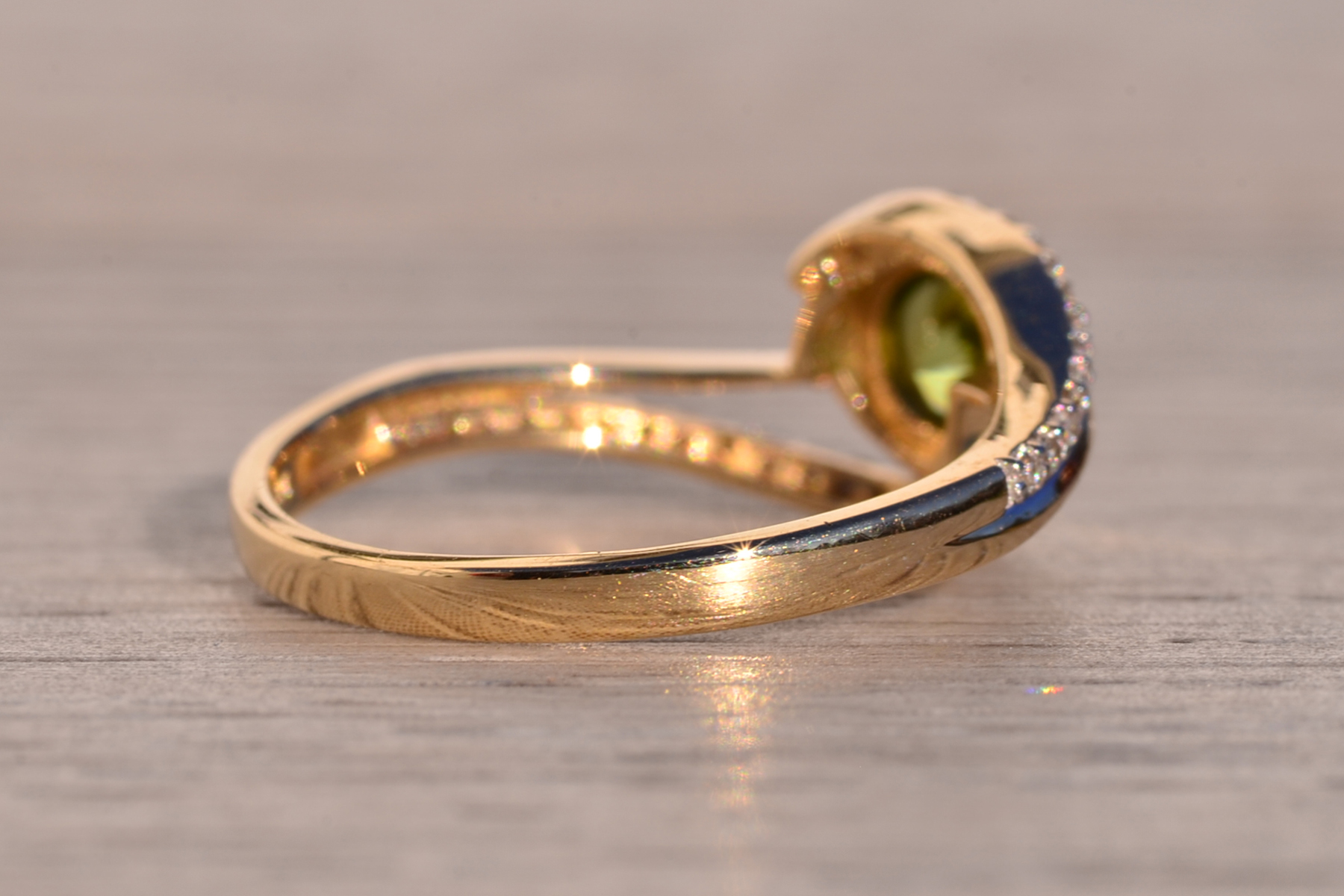 SOLD - The 195th Avenue: Modern Peridot and Diamond Bypass Ring in Yellow Gold - Image 5