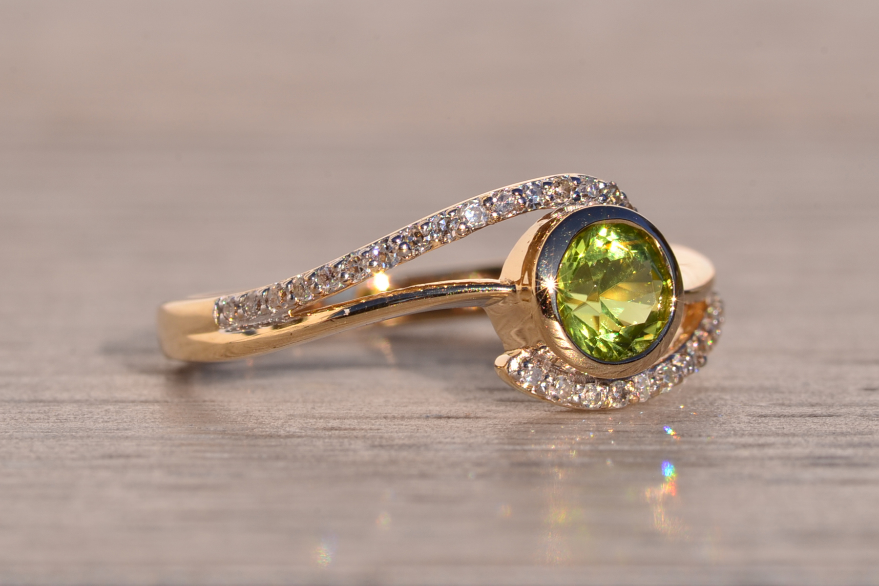 SOLD - The 195th Avenue: Modern Peridot and Diamond Bypass Ring in Yellow Gold - Image 6