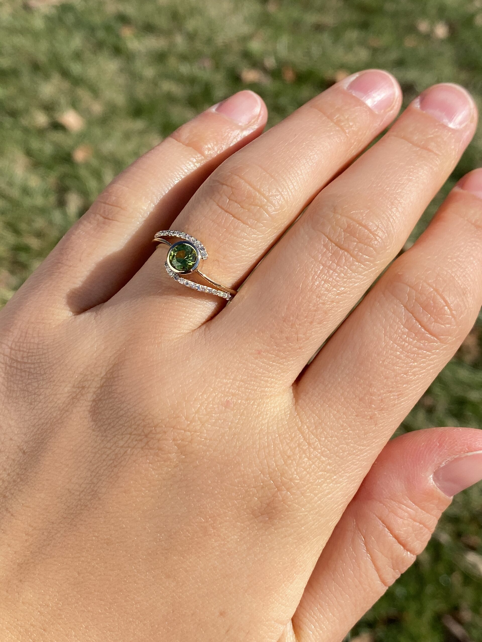 SOLD - The 195th Avenue: Modern Peridot and Diamond Bypass Ring in Yellow Gold - Image 9