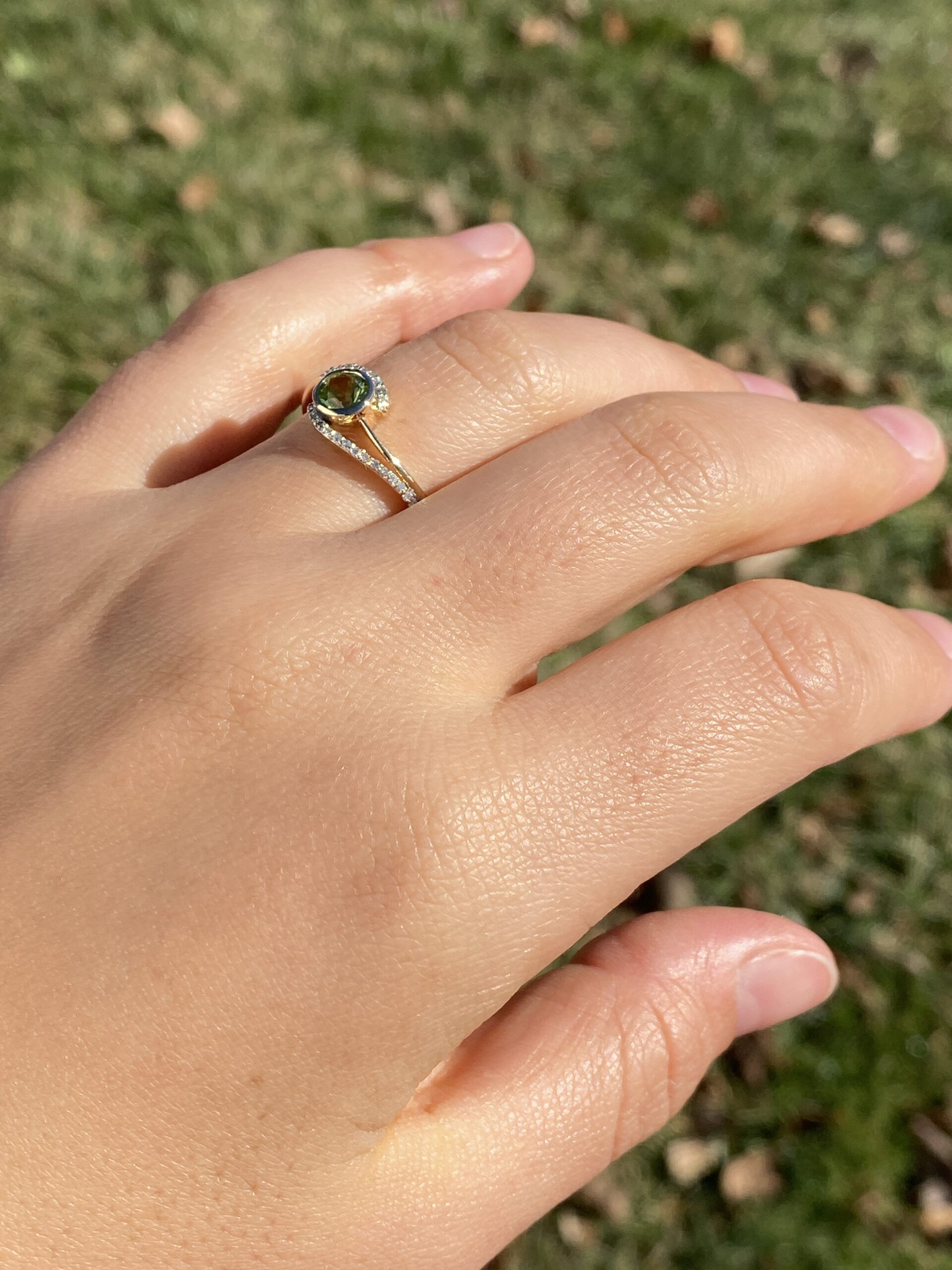 SOLD - The 195th Avenue: Modern Peridot and Diamond Bypass Ring in Yellow Gold - Image 10