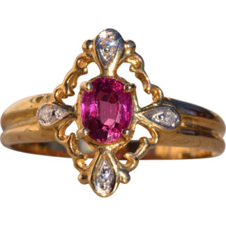 Dos Calle:  Oval Ruby and Filigree Ring with Natural Diamonds in Yellow Gold