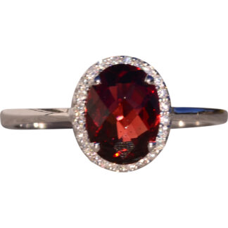 Seis Calle: Contemporary Garnet and Natural Diamond Halo Ring in White Gold