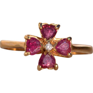 Diez Calle: Heart Shaped Ruby and Natural Diamond Four Leaf Clover Ring in Yellow Gold