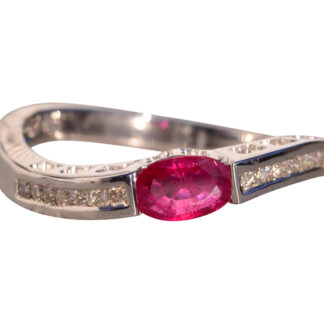 Ocho Avenida: Waved Natural Ruby and Natural Diamond Ring in White Gold