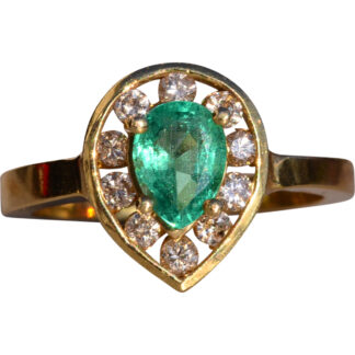 The Mount Foraker: Modern Pear Shaped Natural Emerald and Diamond Ring in Yellow Gold
