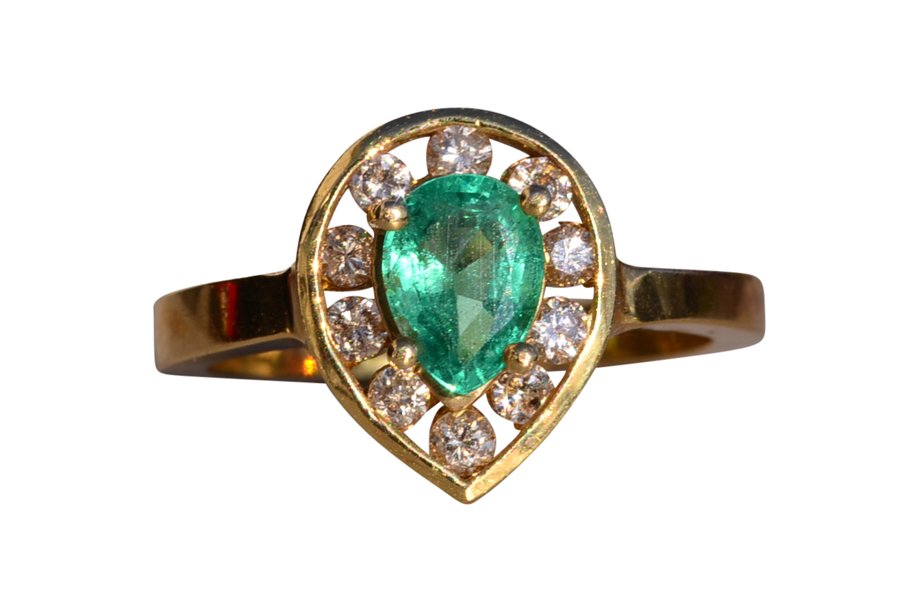 The Mount Foraker: Modern Pear Shaped Natural Emerald and Diamond Ring in Yellow Gold