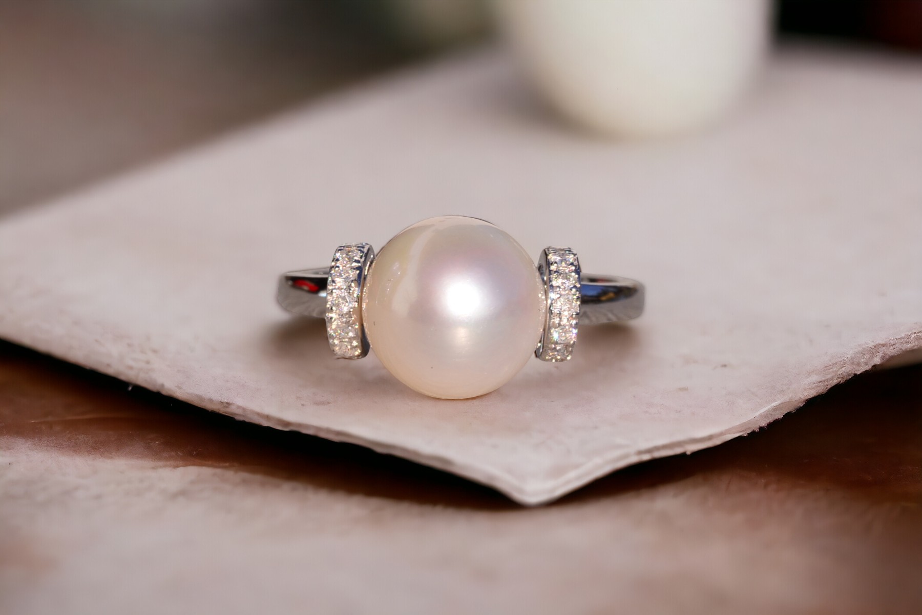 The Denali Mountain: Akoya Pearl and Natural Diamond Ring in White Gold - Image 11