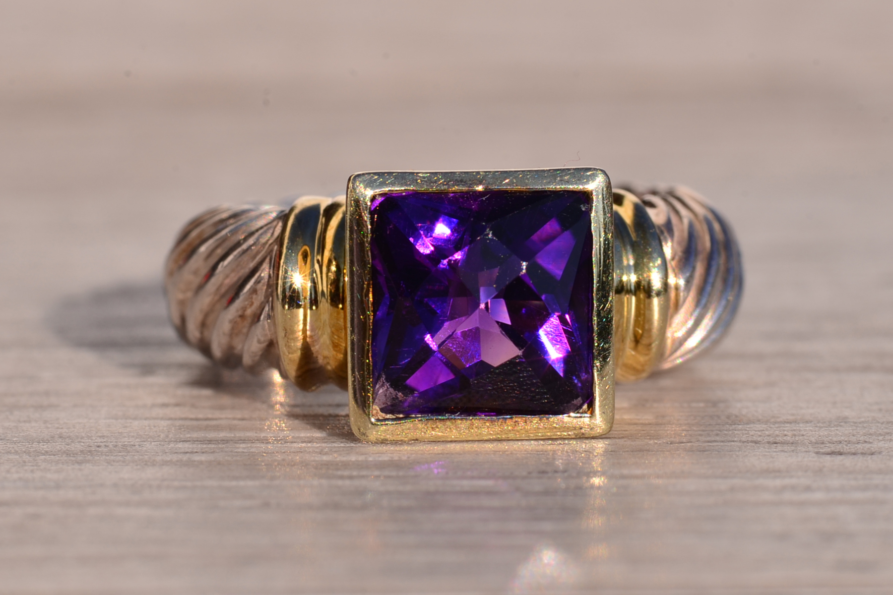 SOLD - The Mount Bear: David Yurman Signed Amethyst Ring in Yellow Gold and Sterling - Image 2
