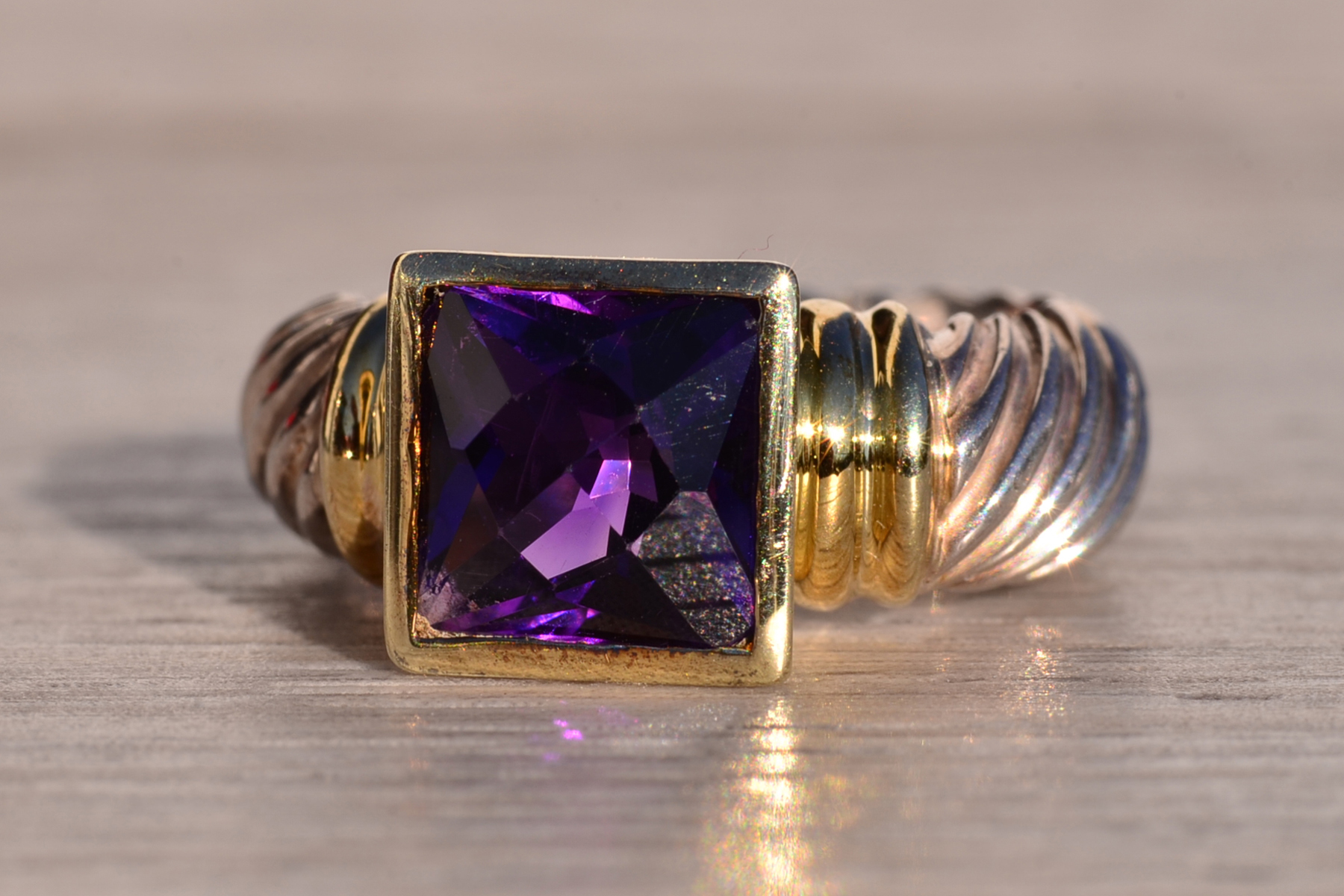 SOLD - The Mount Bear: David Yurman Signed Amethyst Ring in Yellow Gold and Sterling - Image 3