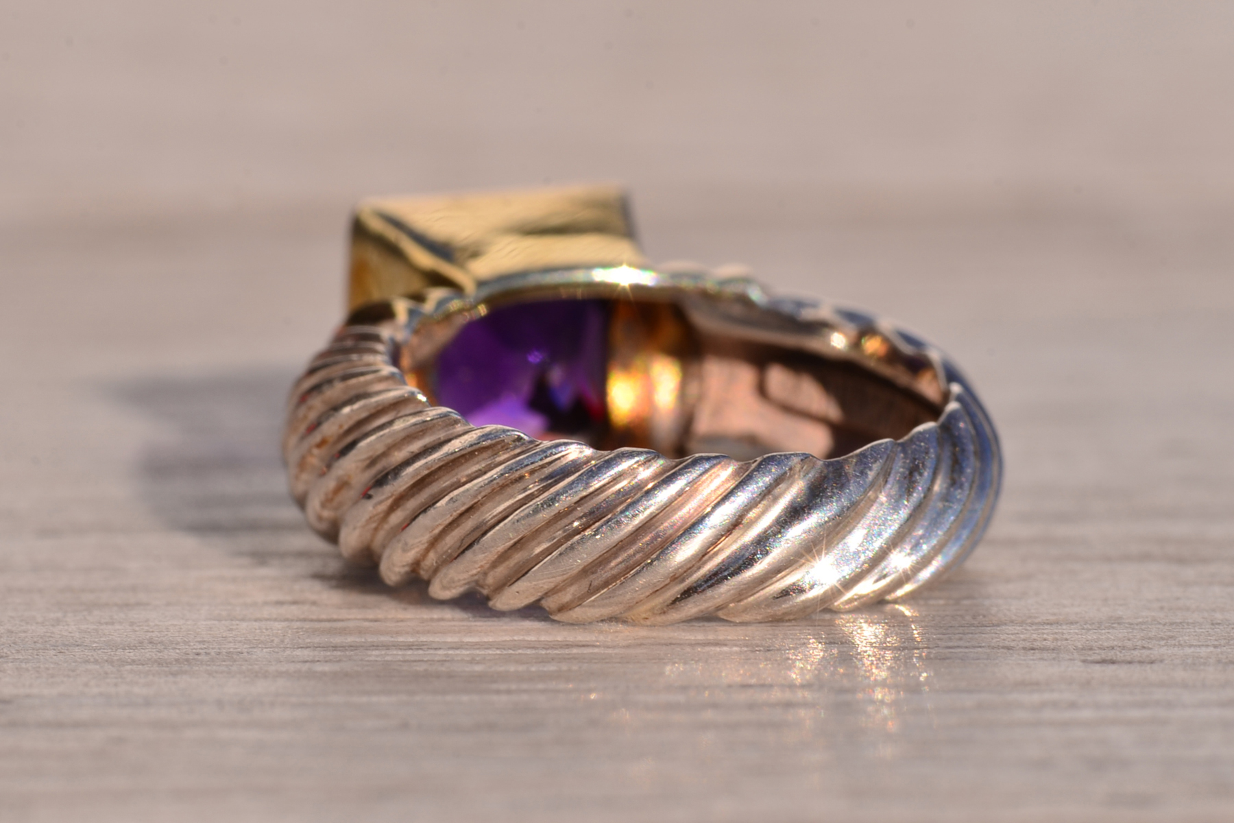 SOLD - The Mount Bear: David Yurman Signed Amethyst Ring in Yellow Gold and Sterling - Image 4