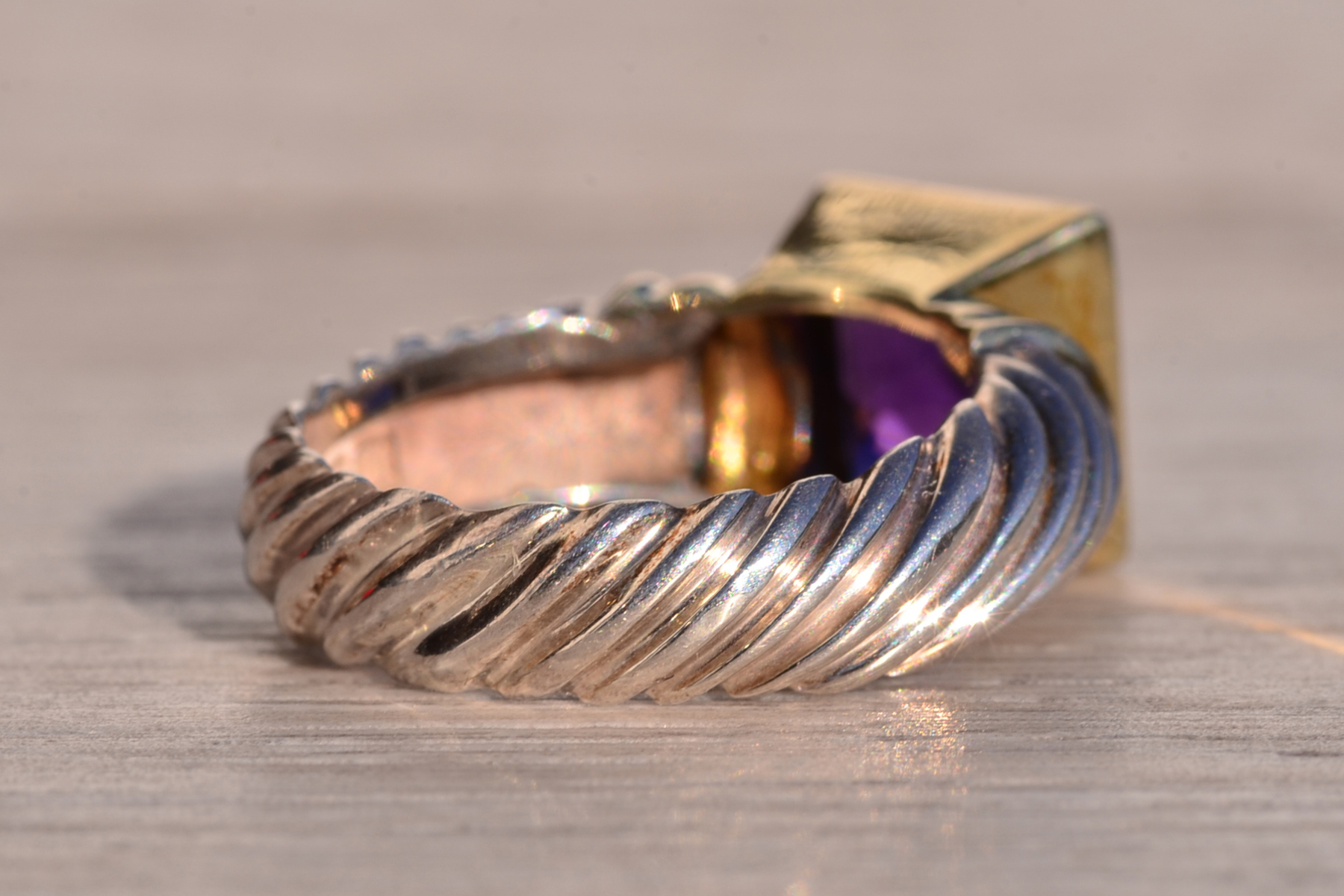 SOLD - The Mount Bear: David Yurman Signed Amethyst Ring in Yellow Gold and Sterling - Image 5