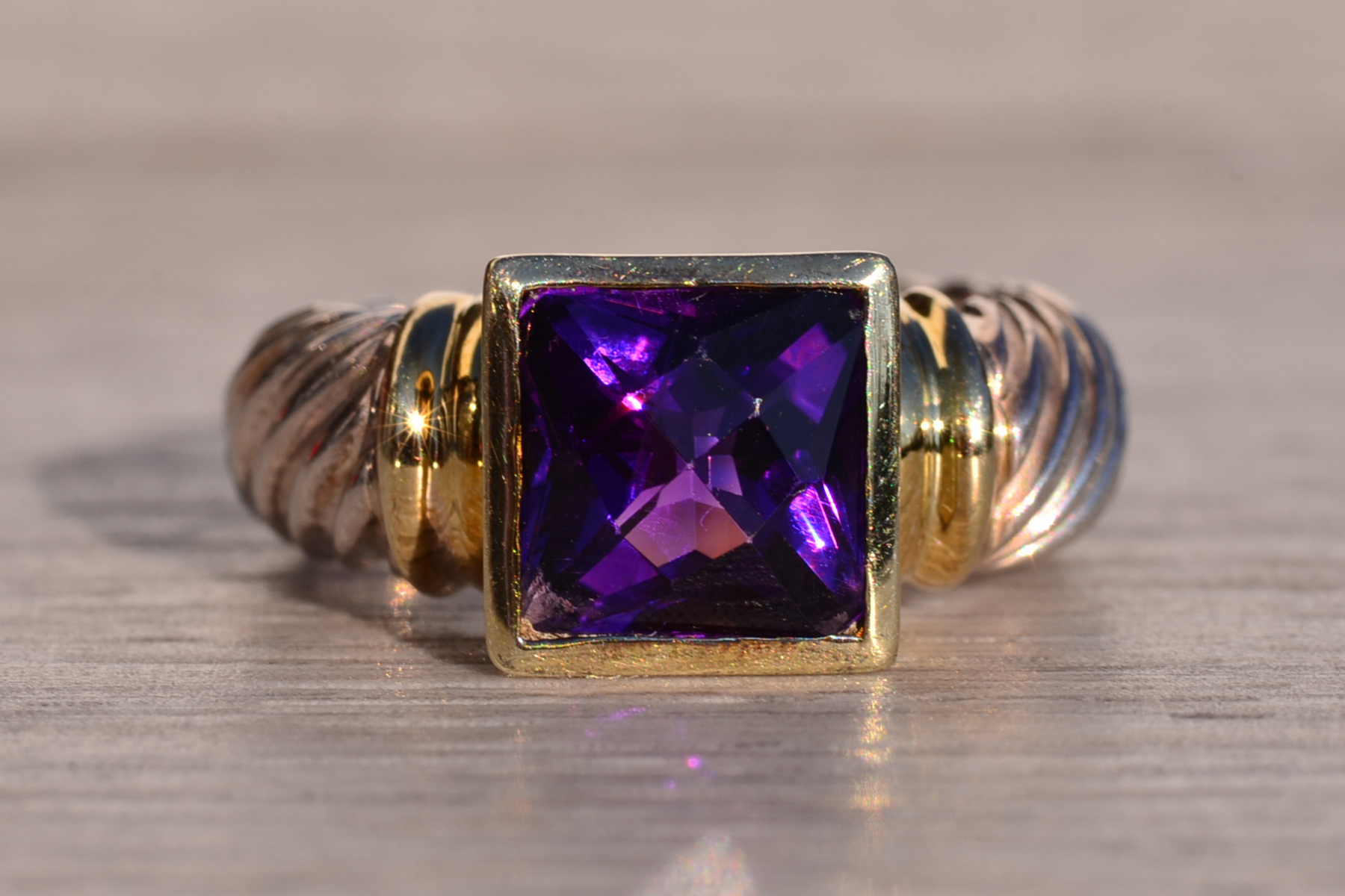 SOLD - The Mount Bear: David Yurman Signed Amethyst Ring in Yellow Gold and Sterling - Image 7