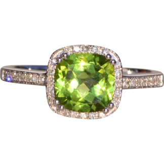 The Mount Fairweather: Cushion Shaped Peridot and Natural Diamond Halo Ring in White Gold