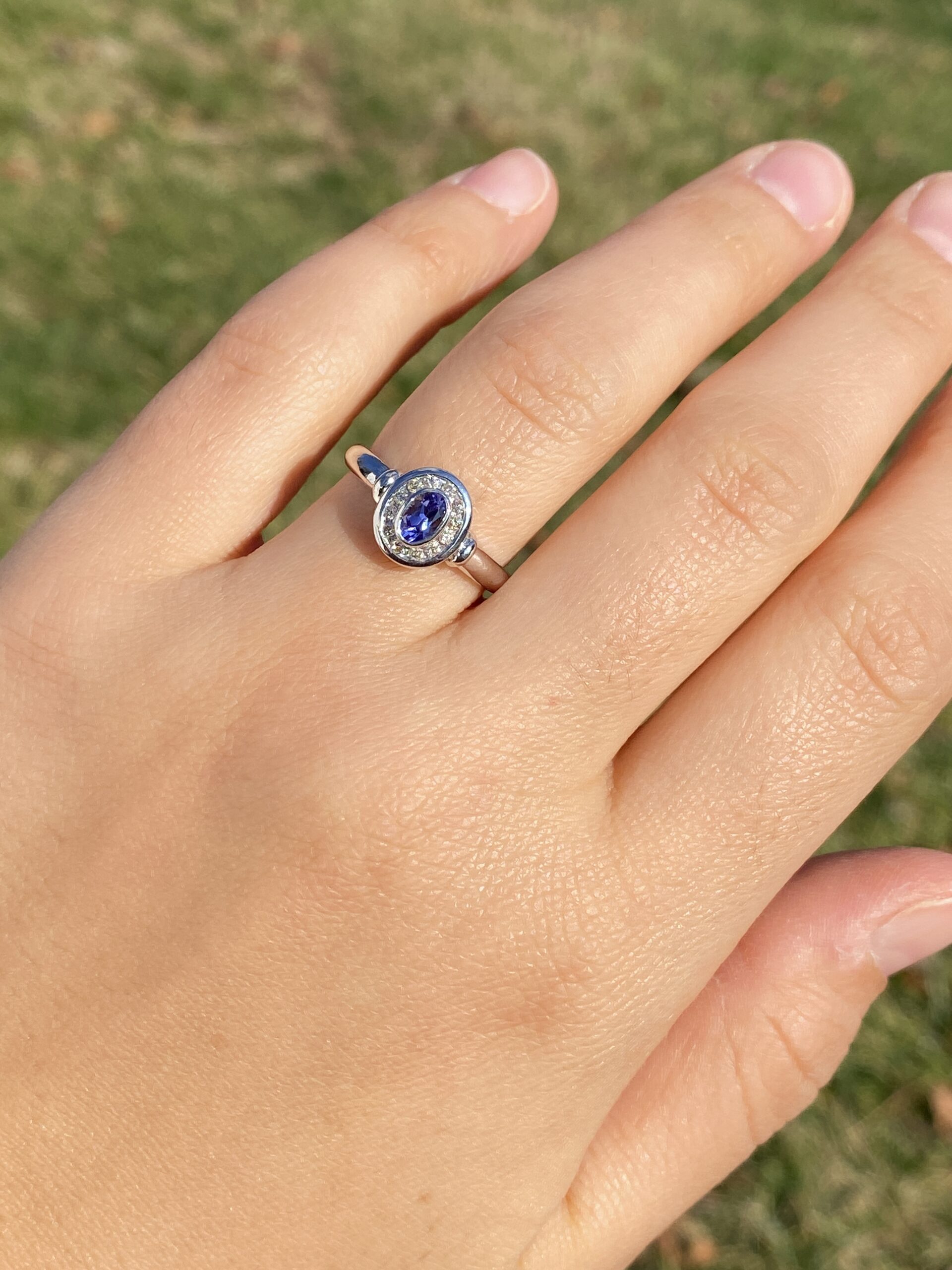 SOLD - The Mount Hayes: Oval Tanzanite and Diamond Halo Ring in White Gold - Image 9