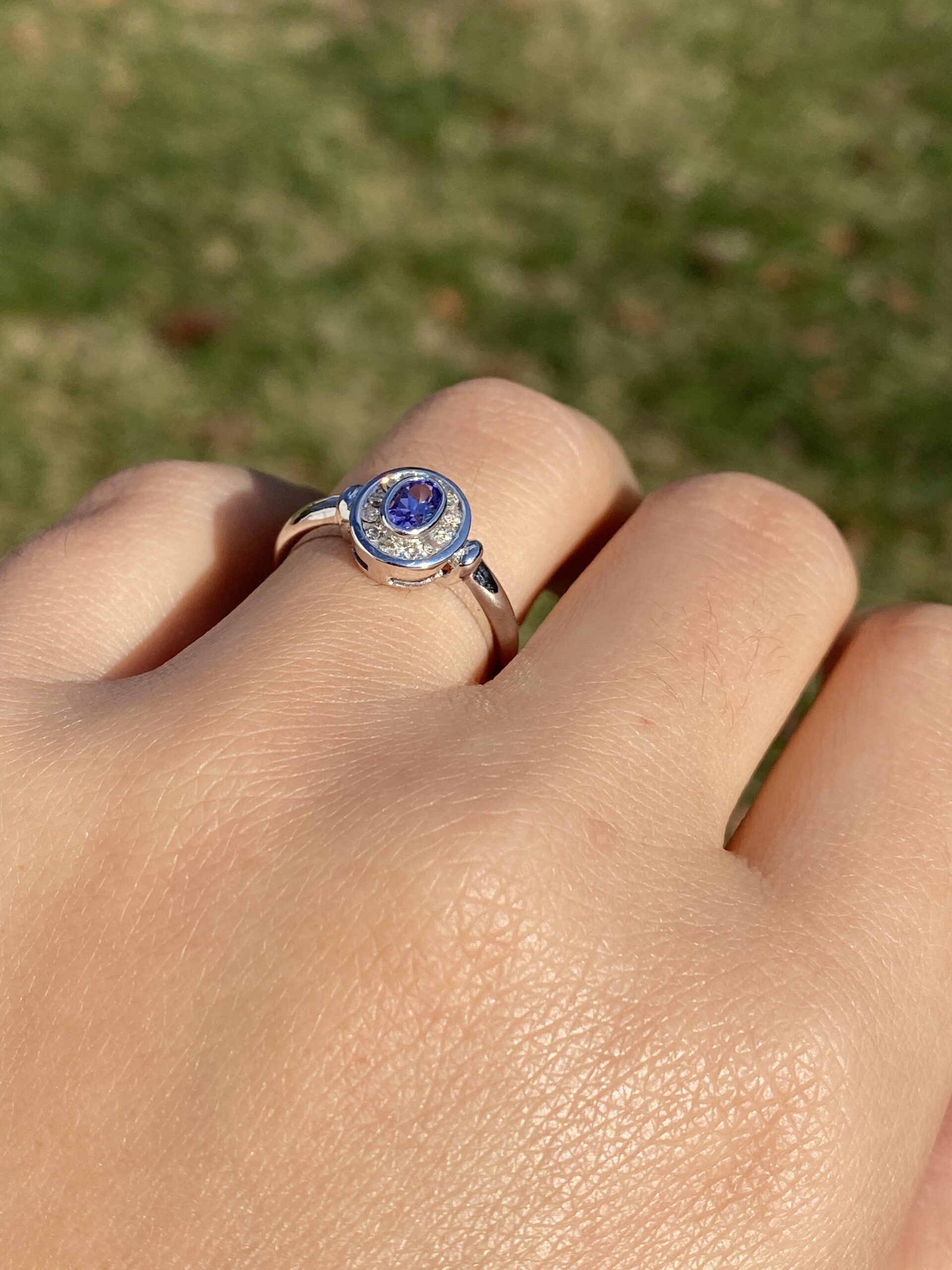SOLD - The Mount Hayes: Oval Tanzanite and Diamond Halo Ring in White Gold - Image 10
