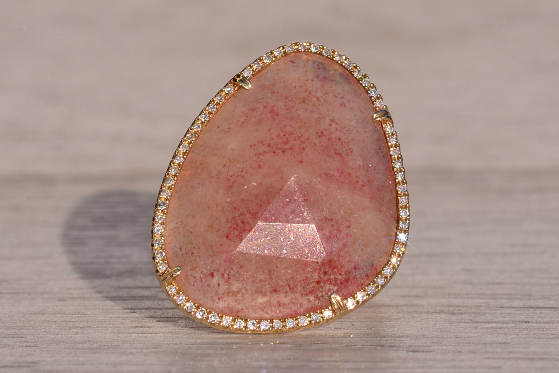 The American River: Rose Quartz and Natural Diamond Halo Cocktail Ring in Yellow Gold - Image 2