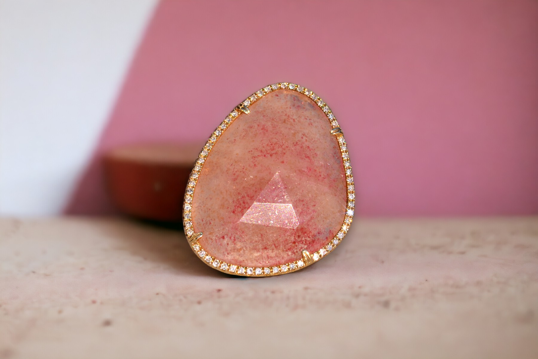 The American River: Rose Quartz and Natural Diamond Halo Cocktail Ring in Yellow Gold - Image 11