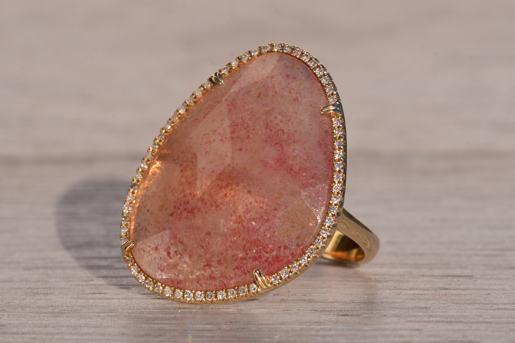 The American River: Rose Quartz and Natural Diamond Halo Cocktail Ring in Yellow Gold - Image 3