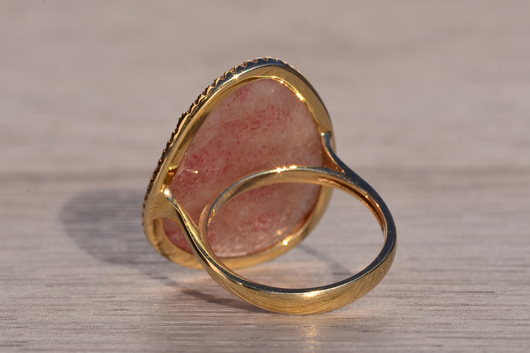 The American River: Rose Quartz and Natural Diamond Halo Cocktail Ring in Yellow Gold - Image 4