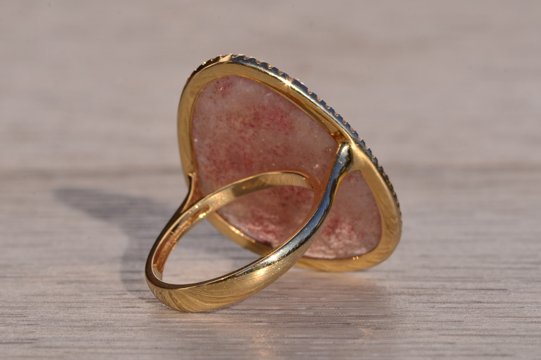 The American River: Rose Quartz and Natural Diamond Halo Cocktail Ring in Yellow Gold - Image 5