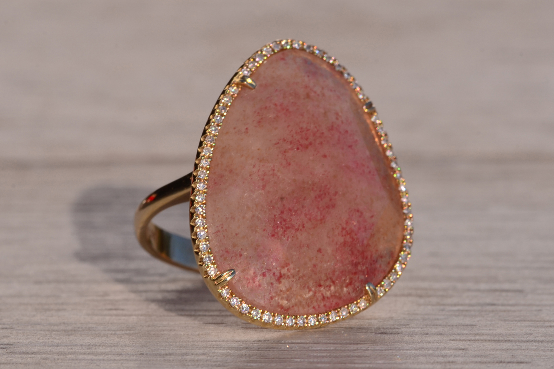 The American River: Rose Quartz and Natural Diamond Halo Cocktail Ring in Yellow Gold - Image 6