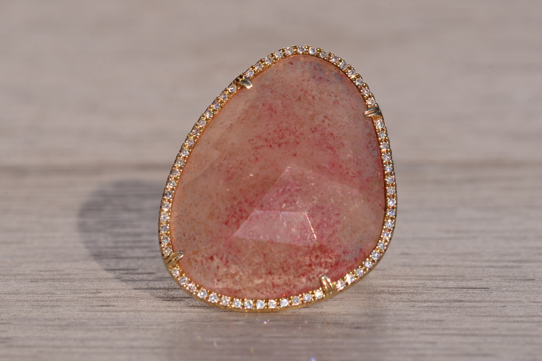 The American River: Rose Quartz and Natural Diamond Halo Cocktail Ring in Yellow Gold - Image 7